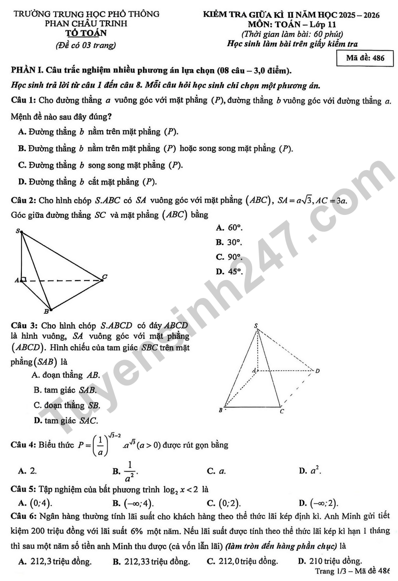 Đề kiểm tra giữa kì 2 Toán 11 năm 2025 – 2026 trường THPT Phan Châu Trinh 