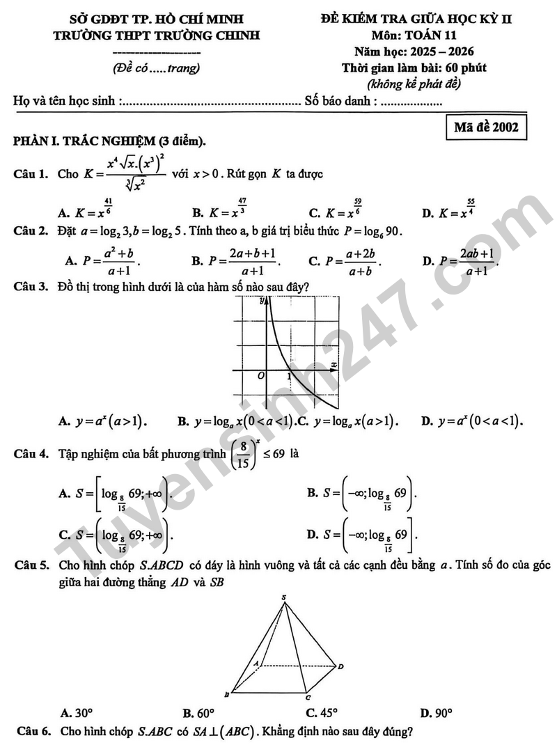 Đề thi giữa học kỳ 2 Toán 11 năm 2025 – 2026 trường THPT Trường Chinh