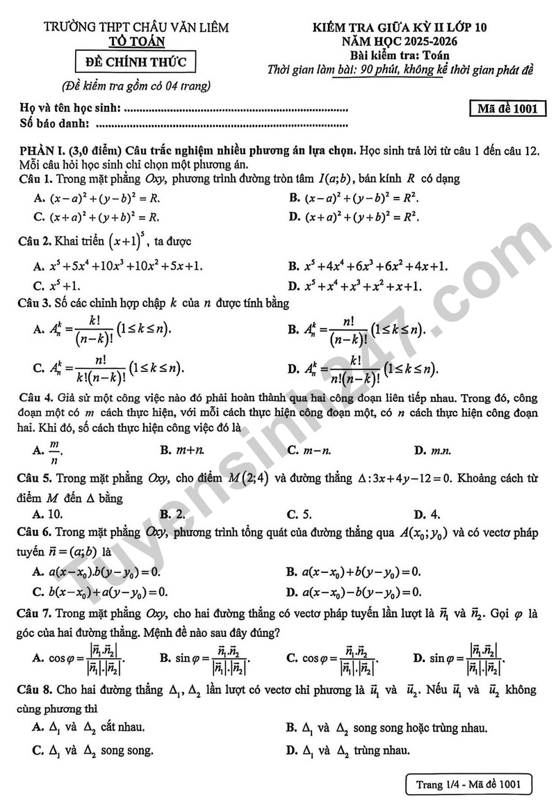 Đề kiểm tra giữa kỳ 2 Toán 10 năm 2025 – 2026 trường THPT Châu Văn Liêm 