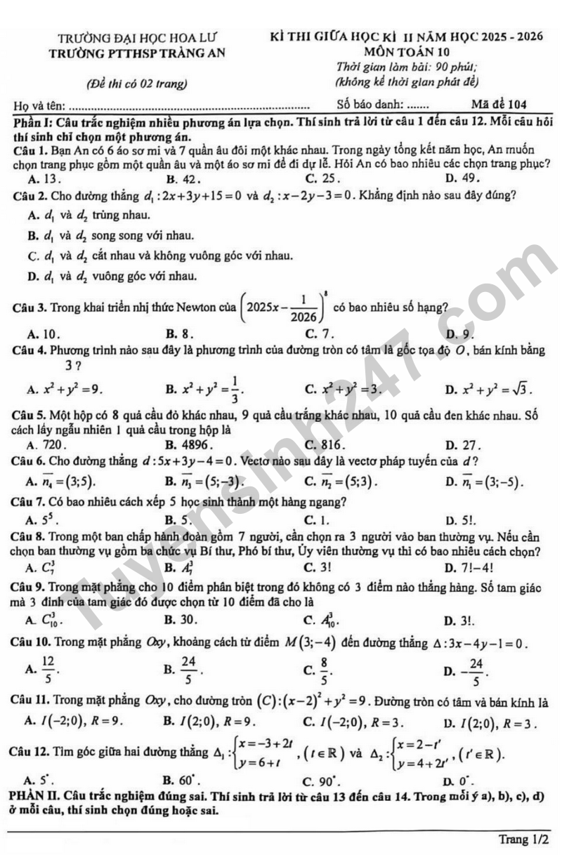 Đề kiểm tra giữa học kì 2 Toán 10 năm 2025 – 2026 trường PTTHSP Tràng An