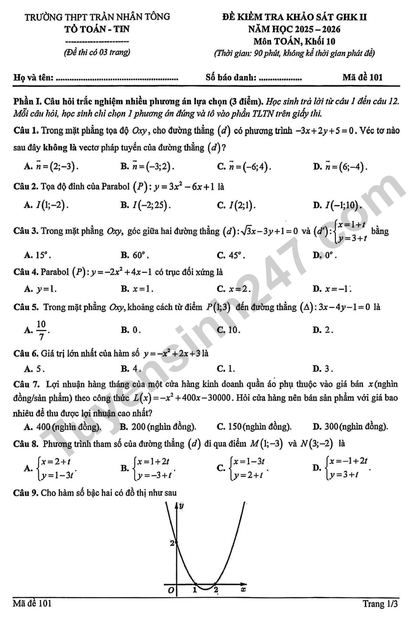 Đề kiểm tra giữa kì 2 Toán 10 năm 2025 – 2026 trường THPT Trần Nhân Tông