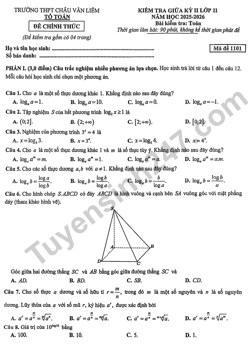 Đề thi giữa kỳ 2 Toán 11 năm 2025 – 2026 trường THPT Châu Văn Liêm 