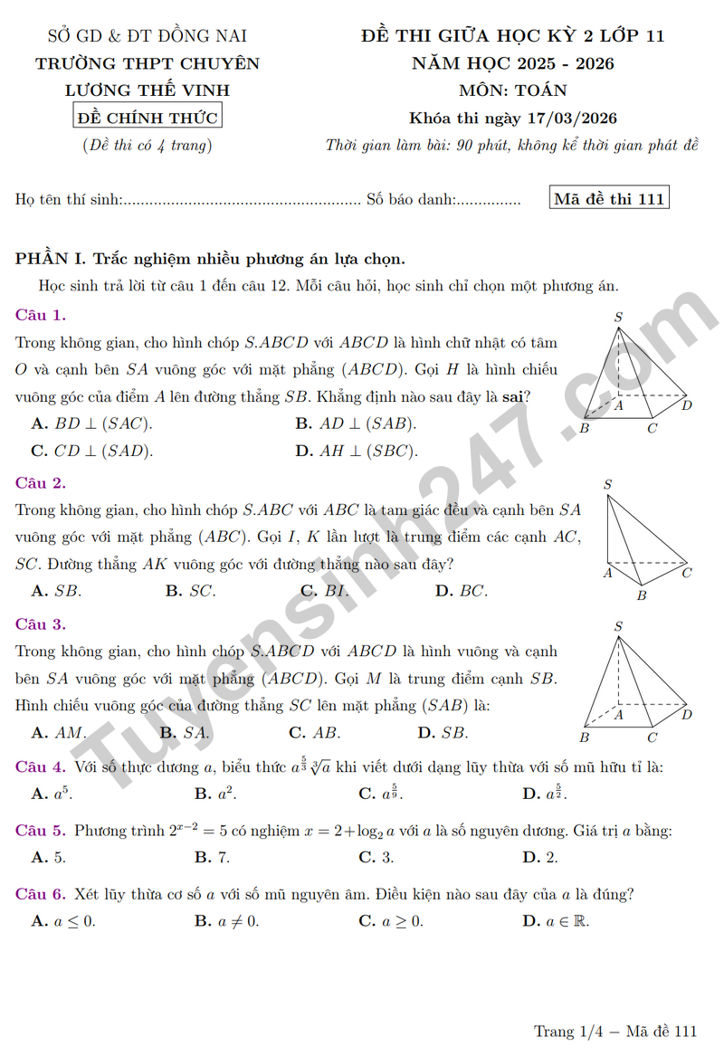 Đề giữa kỳ 2 Toán 11 trường chuyên Lương Thế Vinh năm 2026 (Có đáp án)
