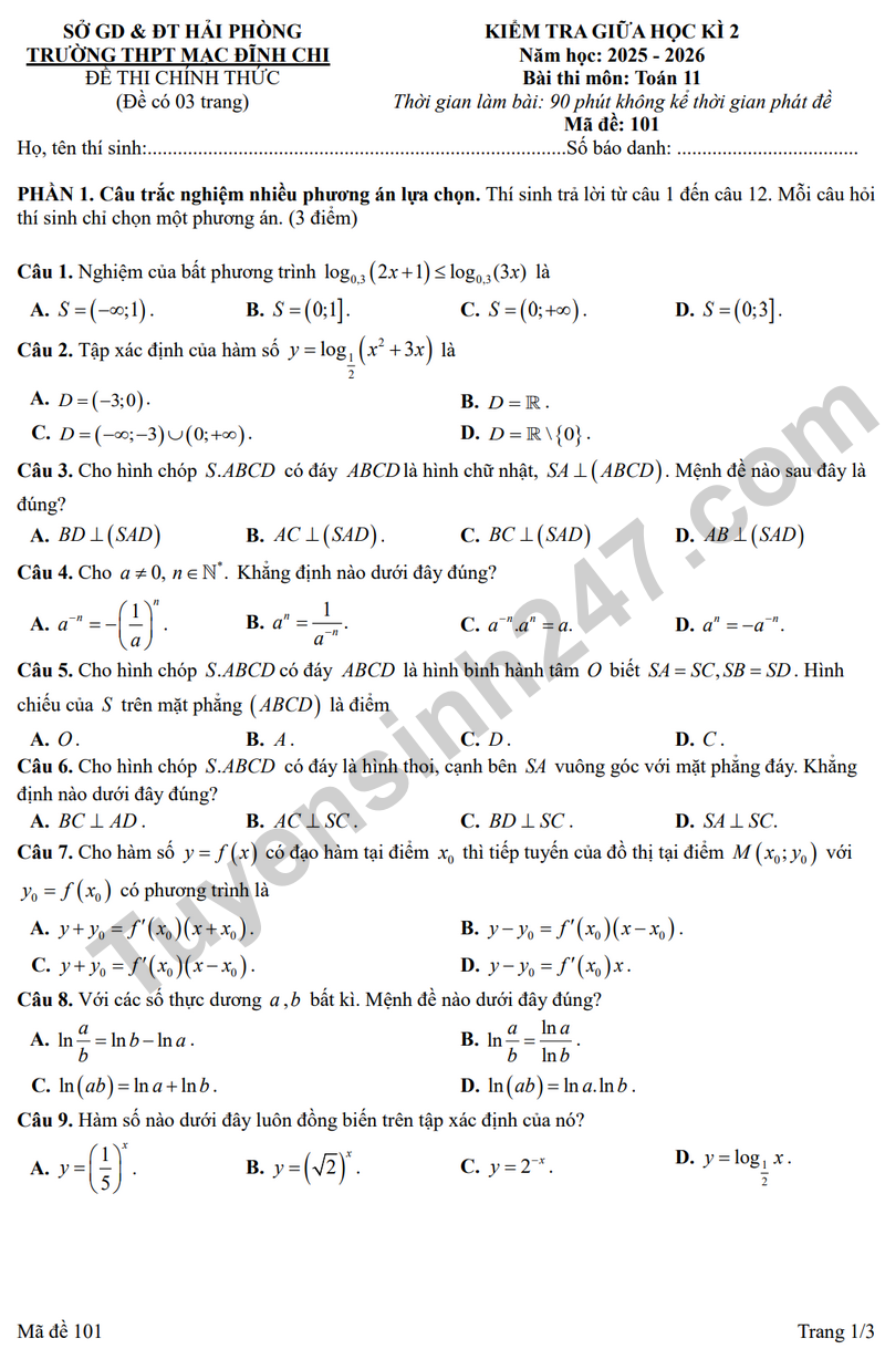 Đề kiểm tra giữa học kì 2 Toán 11 năm 2025 – 2026 trường THPT Mạc Đĩnh Chi (Có đáp án)