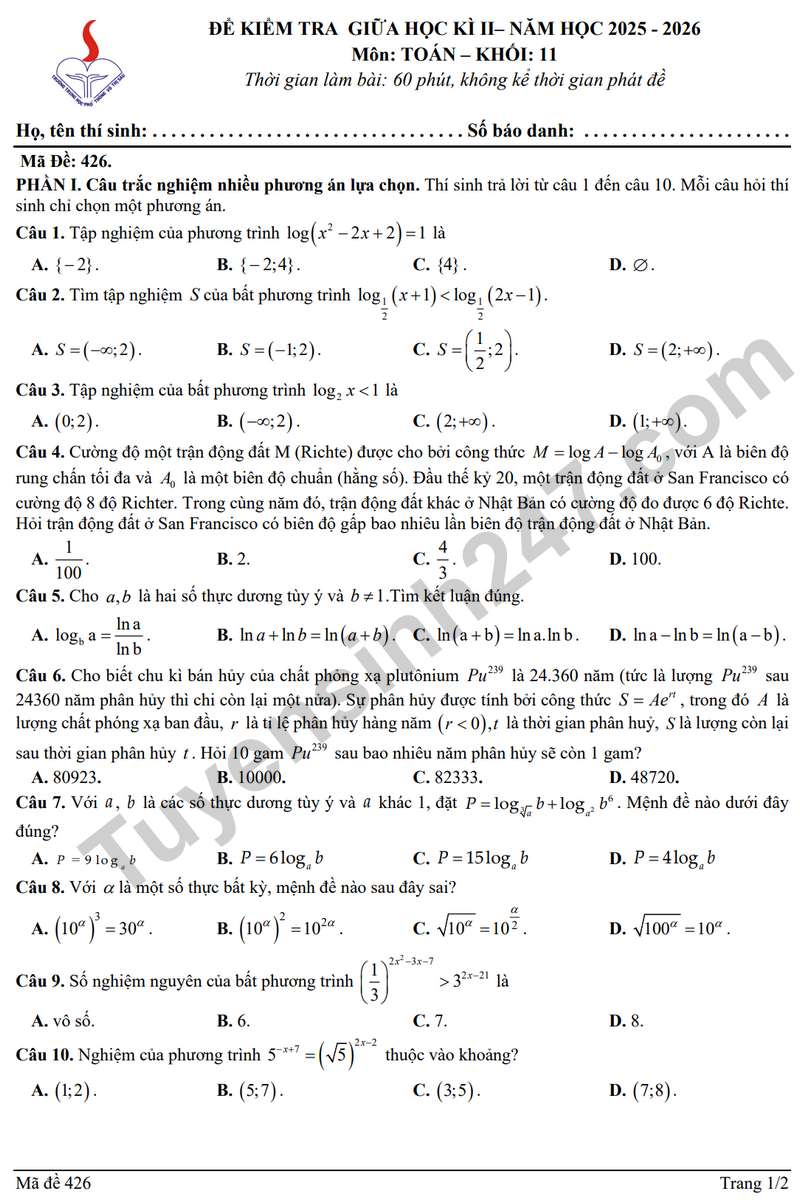 Đề thi giữa học kì 2 Toán 11 năm 2025 – 2026 trường THPT Võ Thị Sáu 
