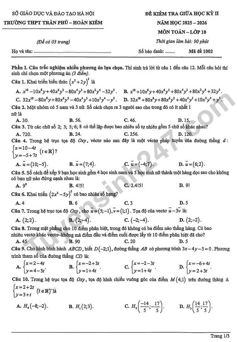 Đề thi giữa học kỳ 2 Toán 10 năm 2025 – 2026 trường THPT Trần Phú