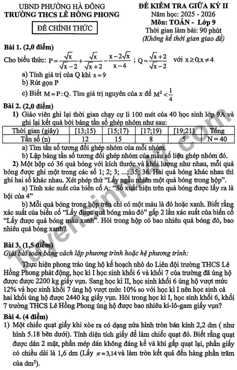 Đề thi giữa kỳ 2 Toán 9 năm 2025 – 2026 trường THCS Lê Hồng Phong