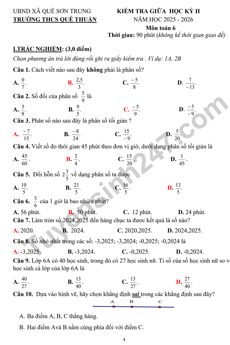 Đề thi giữa kỳ 2 Toán 6 năm 2025 - 2026 trường THCS Quế Thuận – Đà Nẵng (Có đáp án)