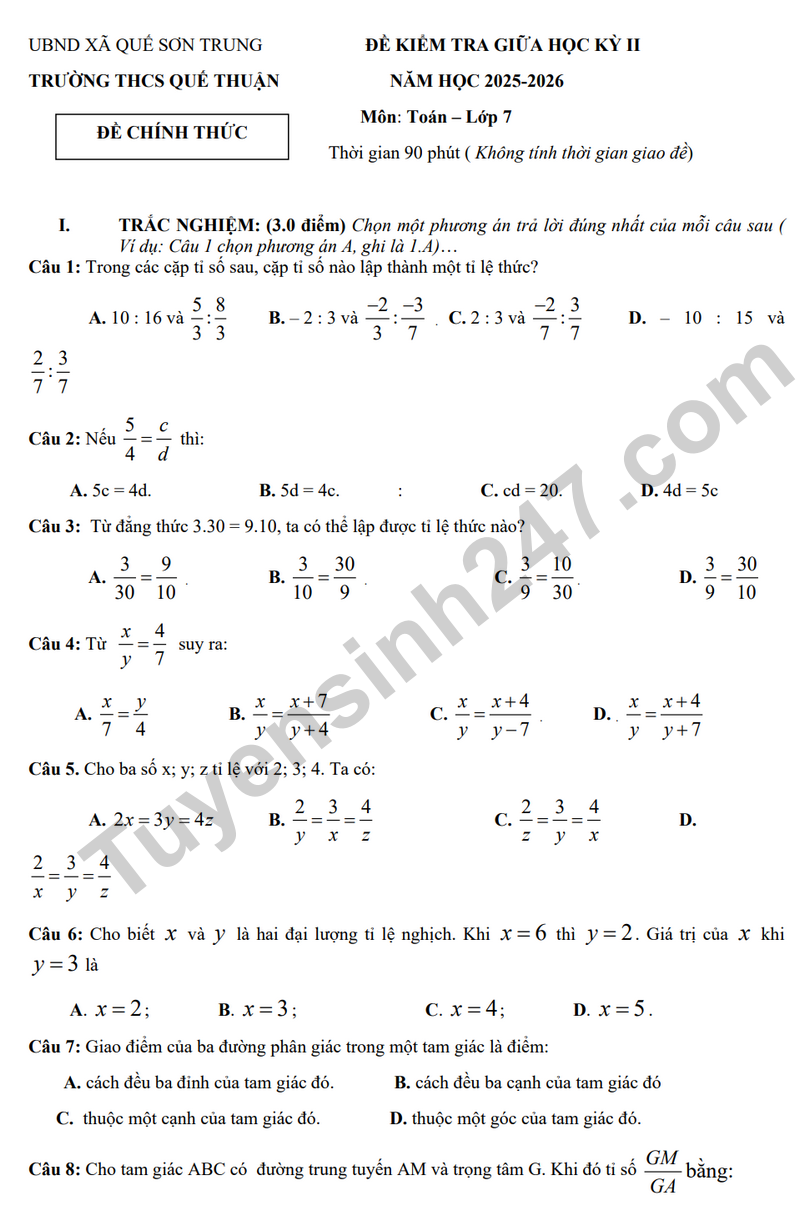 Đề kiểm tra giữa kỳ 2 Toán 7 năm 2025 – 2026 trường THCS Quế Thuận – Đà Nẵng (Có đáp án)