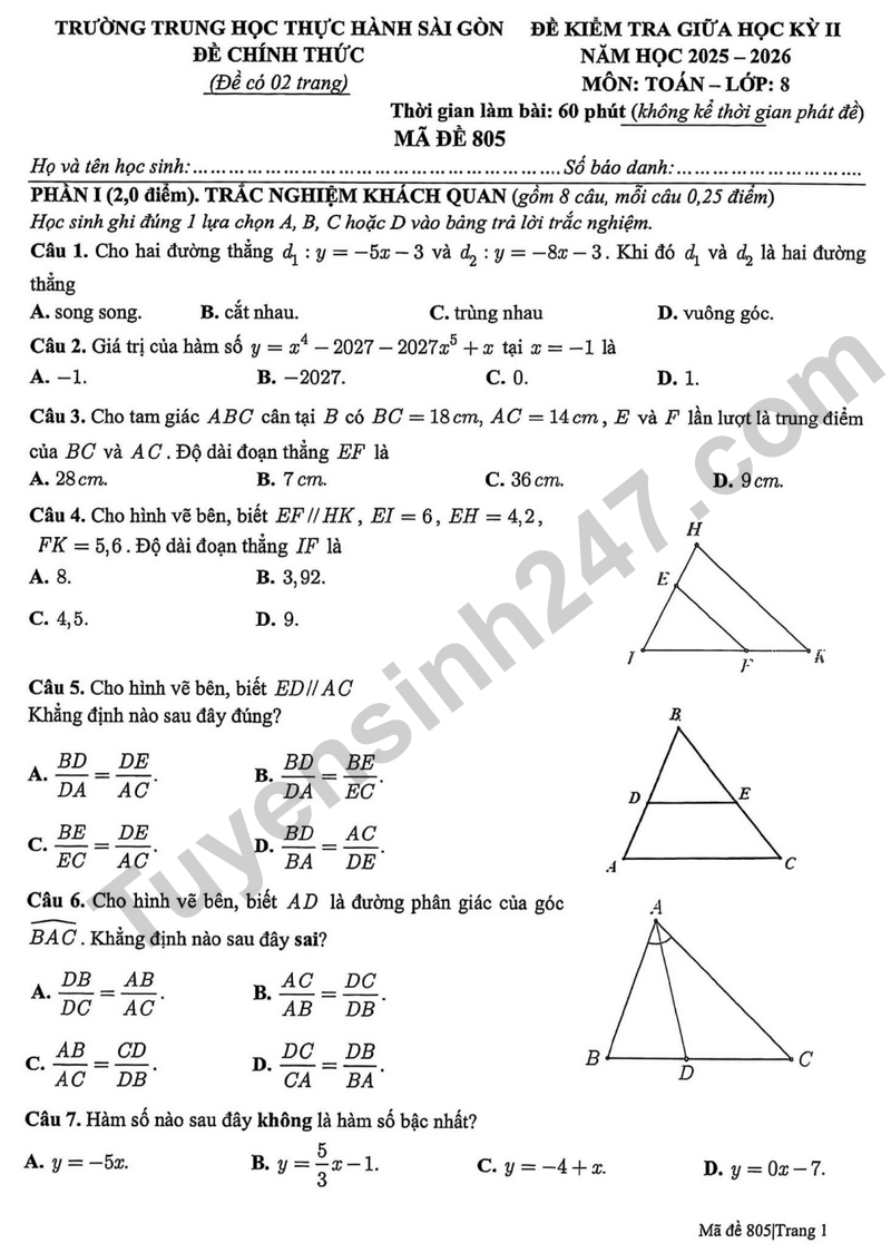 Đề thi giữa học kỳ 2 Toán 8 năm 2025 – 2026 trường Thực hành Sài Gòn (Có đáp án)