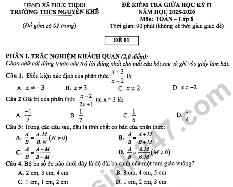 Đề thi giữa học kỳ 2 Toán 8 năm 2025 – 2026 trường THCS Nguyên Khê 