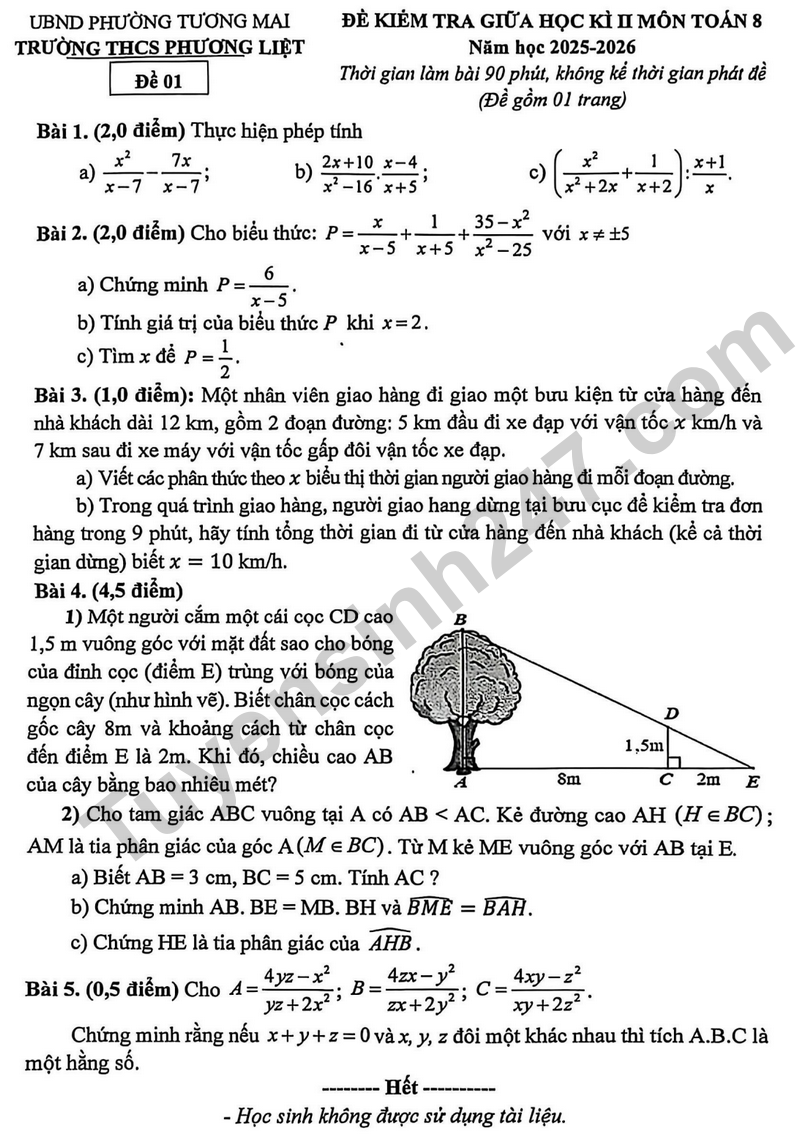 Đề thi giữa học kì 2 Toán 8 năm 2025 – 2026 trường THCS Phương Liệt 