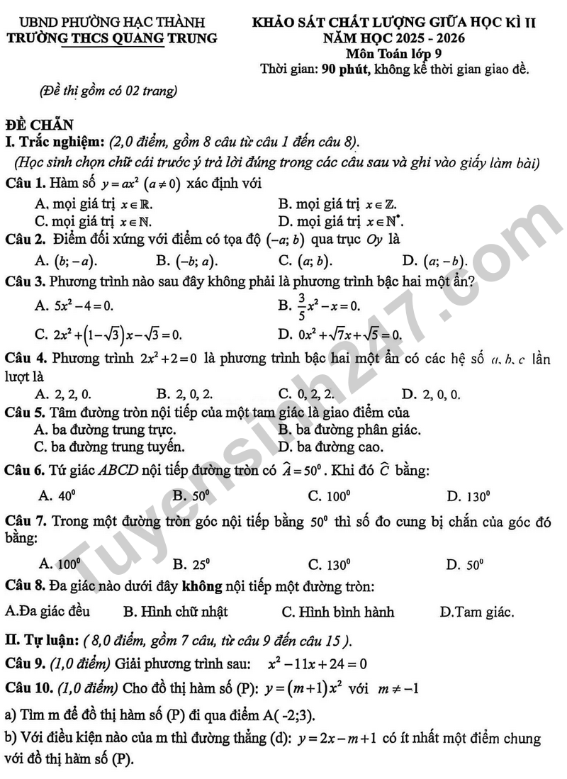 Đề thi giữa học kì 2 Toán 9 năm 2025 – 2026 trường THCS Quang Trung 