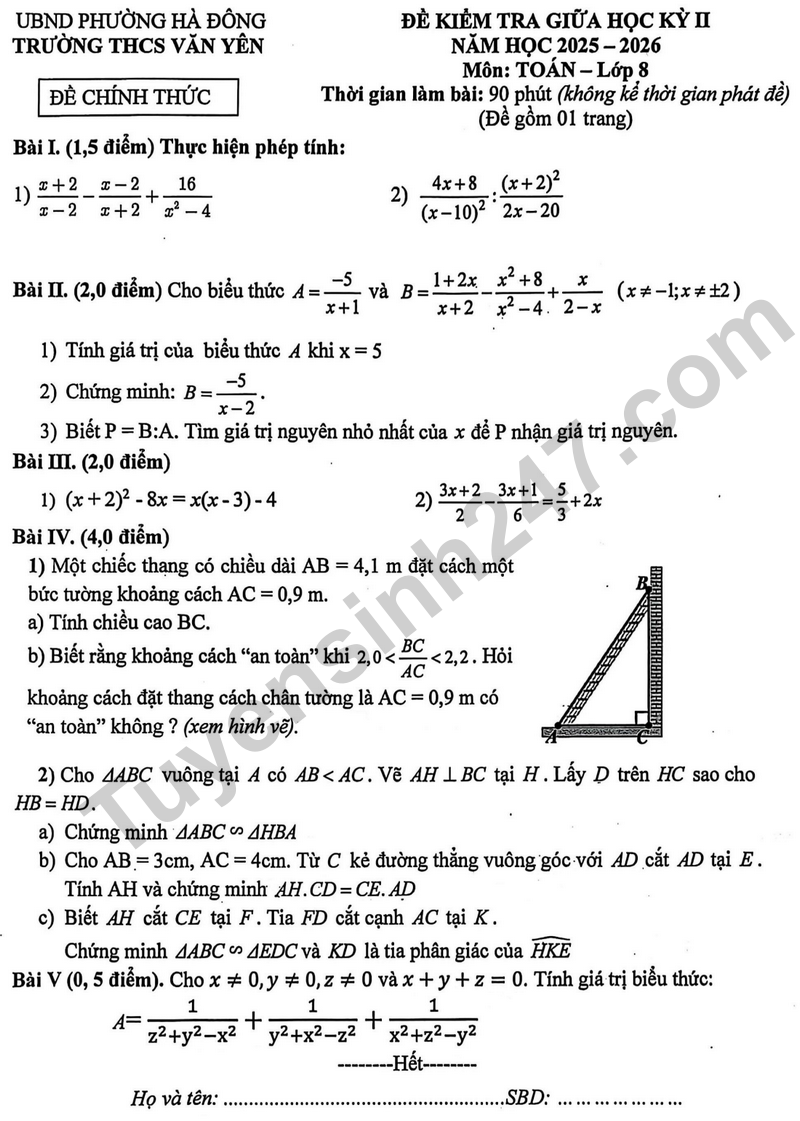 Đề thi giữa học kỳ 2 Toán 8 năm 2025 – 2026 trường THCS Văn Yên 