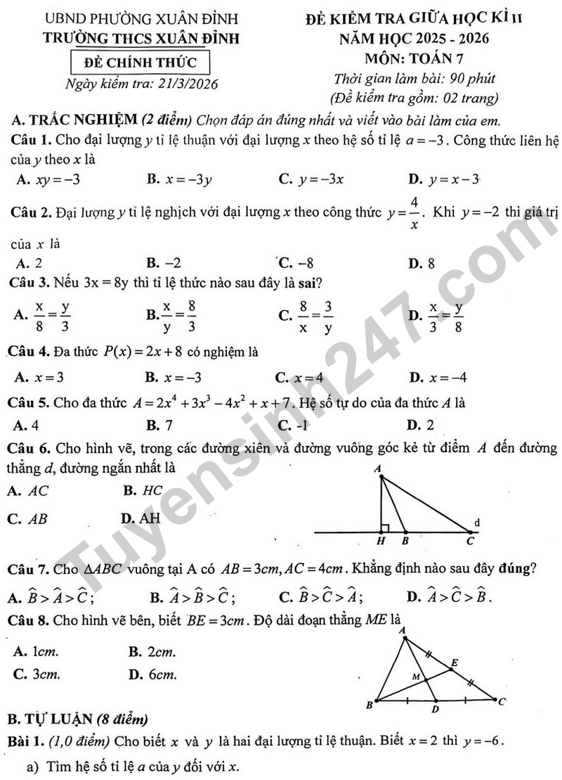 Đề thi giữa học kì 2 Toán 7 năm 2025 – 2026 trường THCS Xuân Đỉnh – Hà Nội