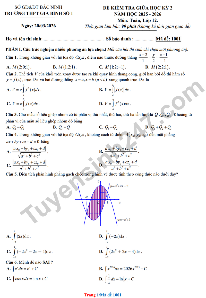 Đề thi giữa học kỳ 2 Toán 12 năm 2025 – 2026 trường THPT Gia Bình 1 (Có đáp án)