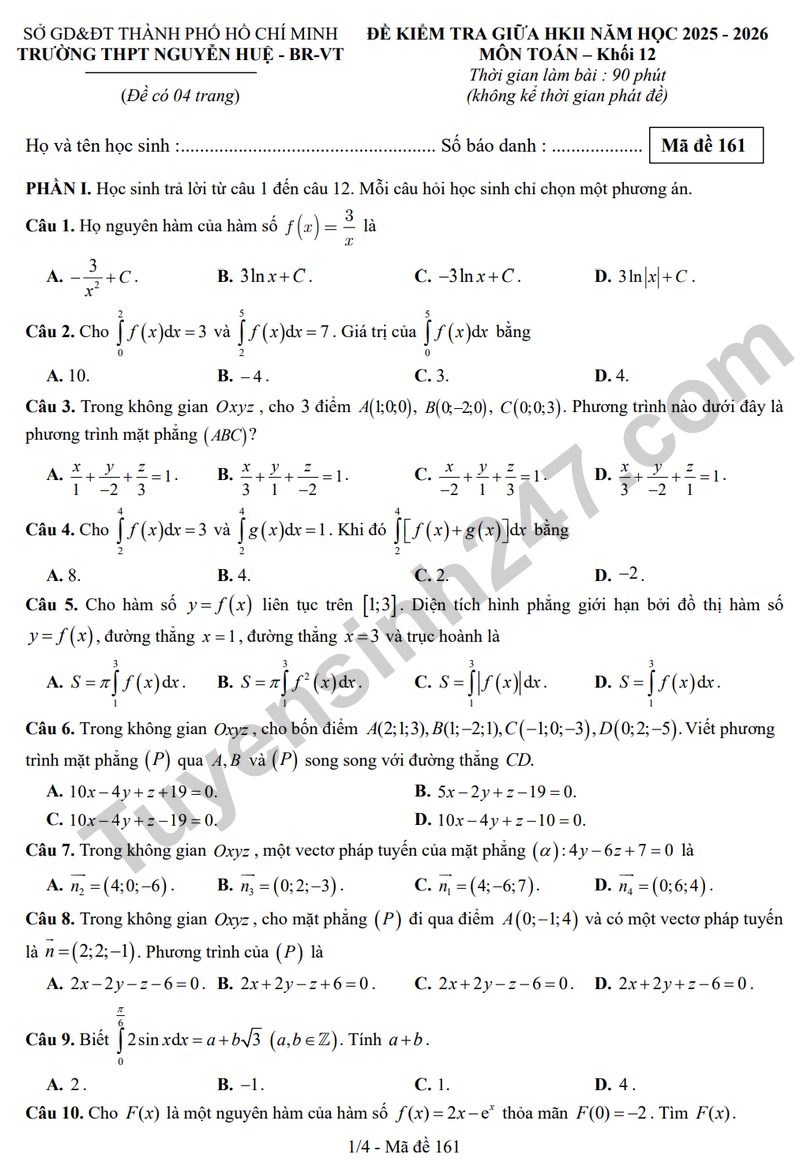Đề thi giữa học kì 2 Toán 12 năm 2025 – 2026 trường THPT Nguyễn Huệ (Có đáp án)