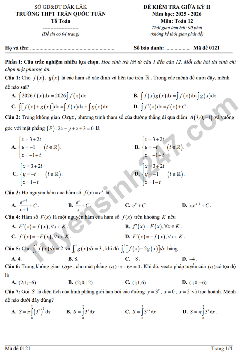 Đề kiểm tra giữa kỳ 2 Toán 12 năm 2025 – 2026 trường THPT Trần Quốc Tuấn (Có đáp án)
