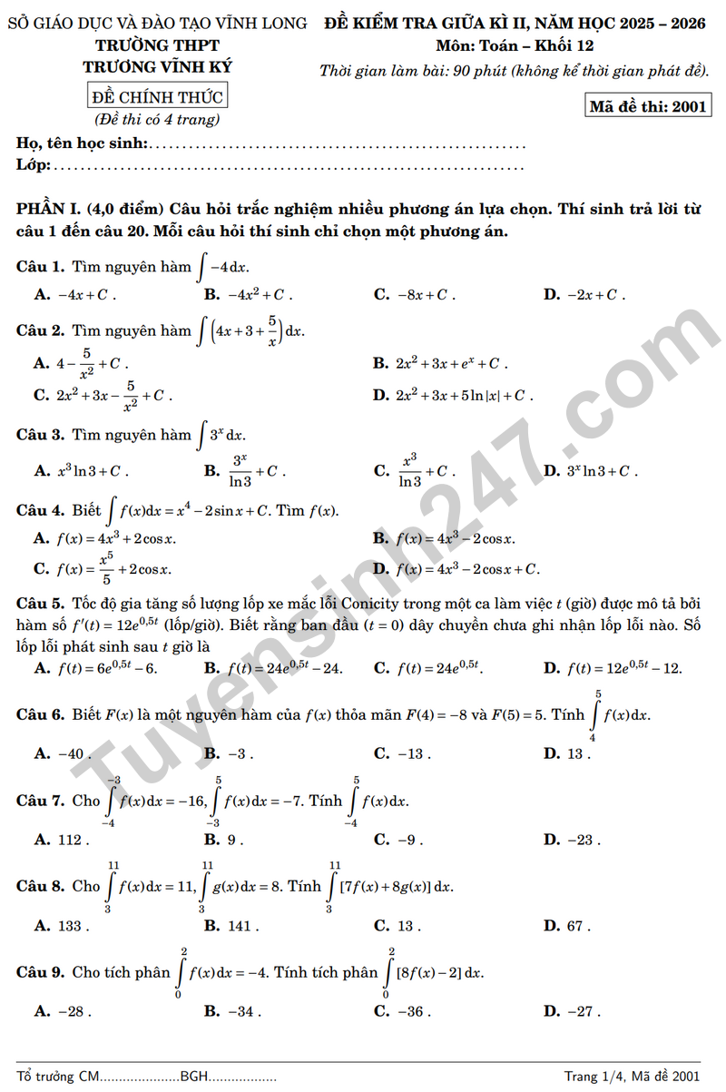 Đề thi giữa kì 2 môn Toán lớp 12 năm 2025 – 2026 trường THPT Trương Vĩnh Ký 