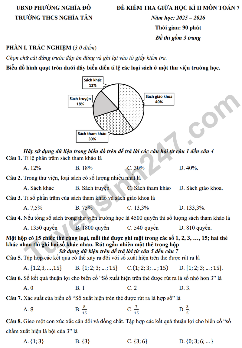 Đề thi giữa học kì 2 Toán 7 năm 2025 – 2026 trường THCS Nghĩa Tân (Có đáp án)