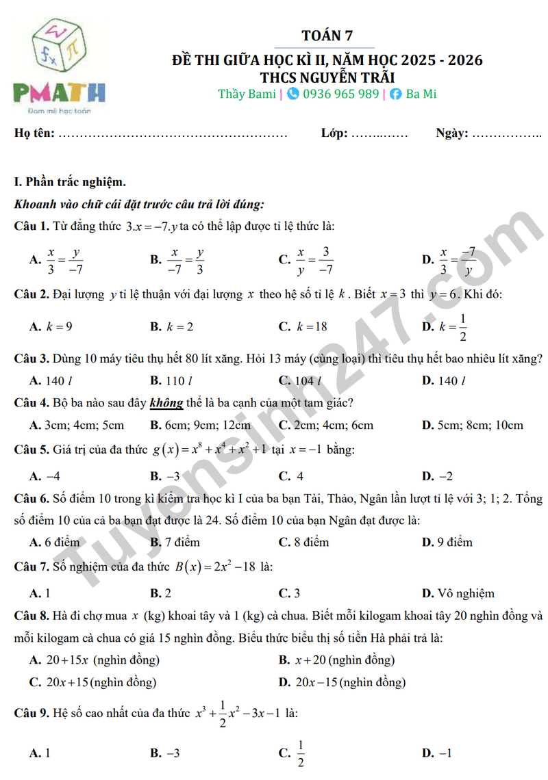 Đề thi giữa học kỳ 2 Toán 7 năm 2025 – 2026 trường THCS Nguyễn Trãi (Có đáp án)