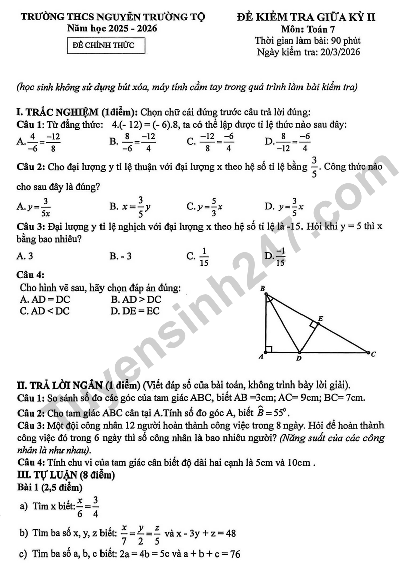 Đề thi giữa kỳ 2 Toán 7 năm 2025 – 2026 trường THCS Nguyễn Trường Tộ
