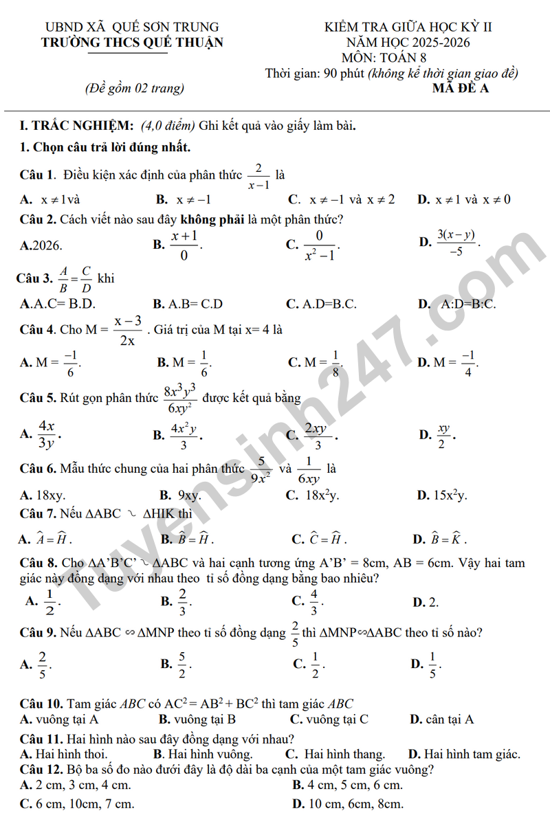 Đề thi giữa kỳ 2 Toán 8 năm 2025 – 2026 trường THCS Quế Thuận (Có đáp án)