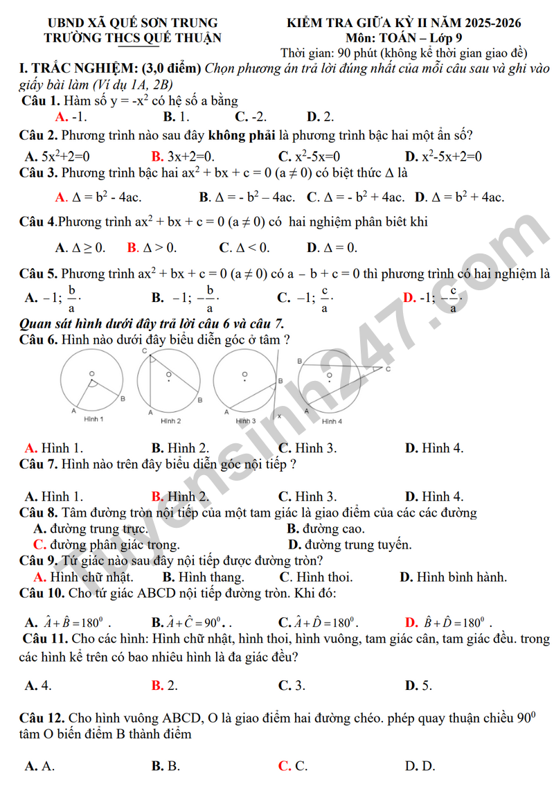 Đề thi giữa kỳ 2 Toán 9 năm 2025 – 2026 trường THCS Quế Thuận (Có đáp án)