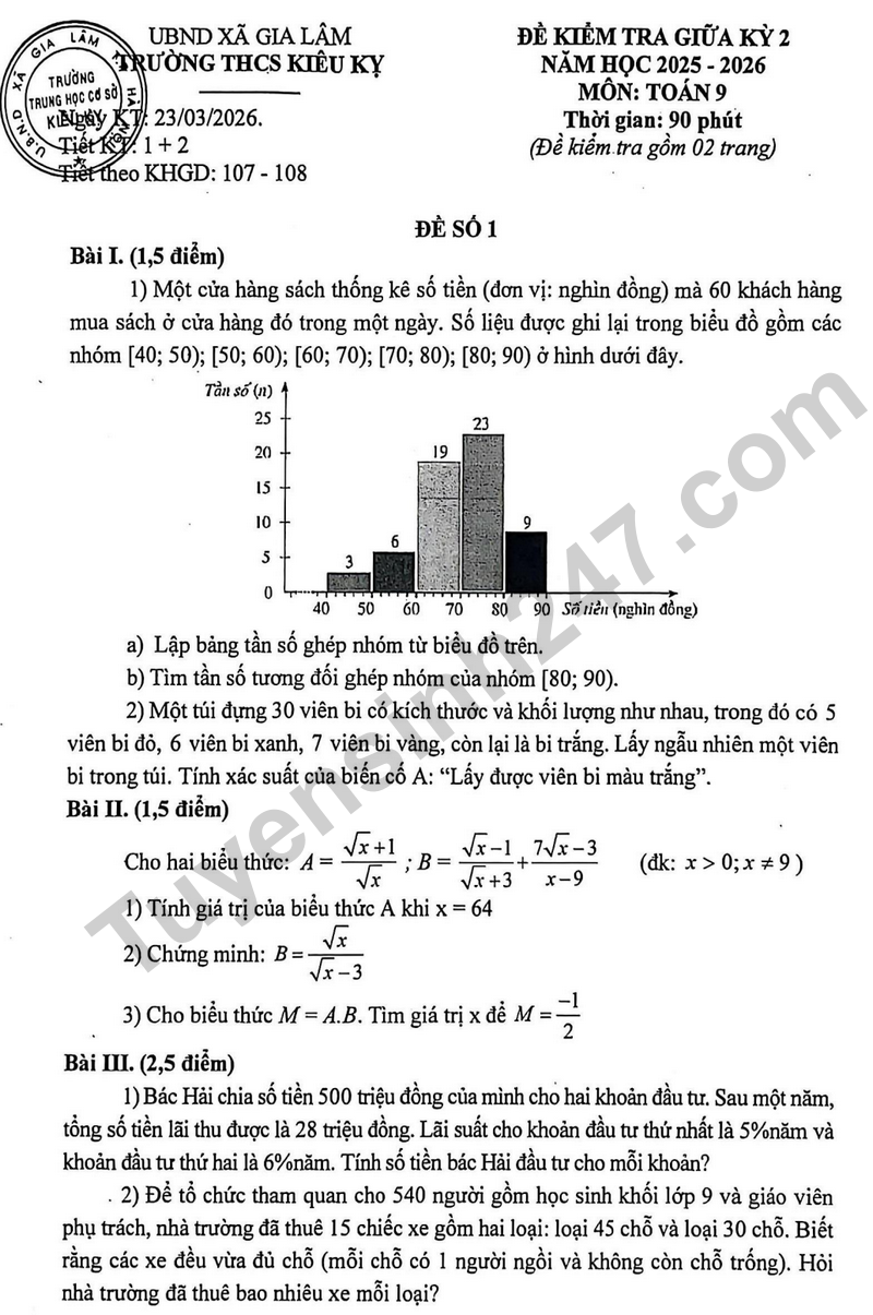 Đề thi giữa kỳ 2 Toán 9 năm 2025 – 2026 trường THCS Kiêu Kỵ – Hà Nội