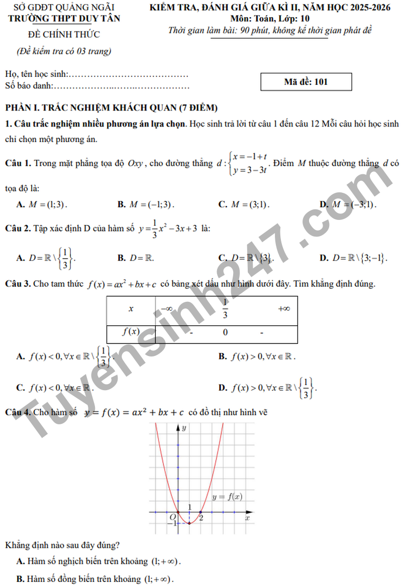 Đề thi giữa kì 2 Toán 10 năm 2026 trường THPT Duy Tân (Có đáp án)