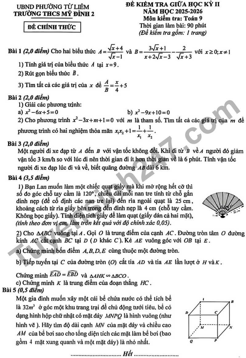 Đề thi giữa học kỳ 2 Toán 9 năm 2026 trường THCS Mỹ Đình 2 