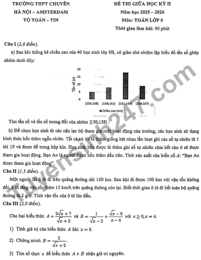 Đề thi giữa học kỳ 2 Toán 9 năm 2026 trường chuyên Hà Nội – Amsterdam 