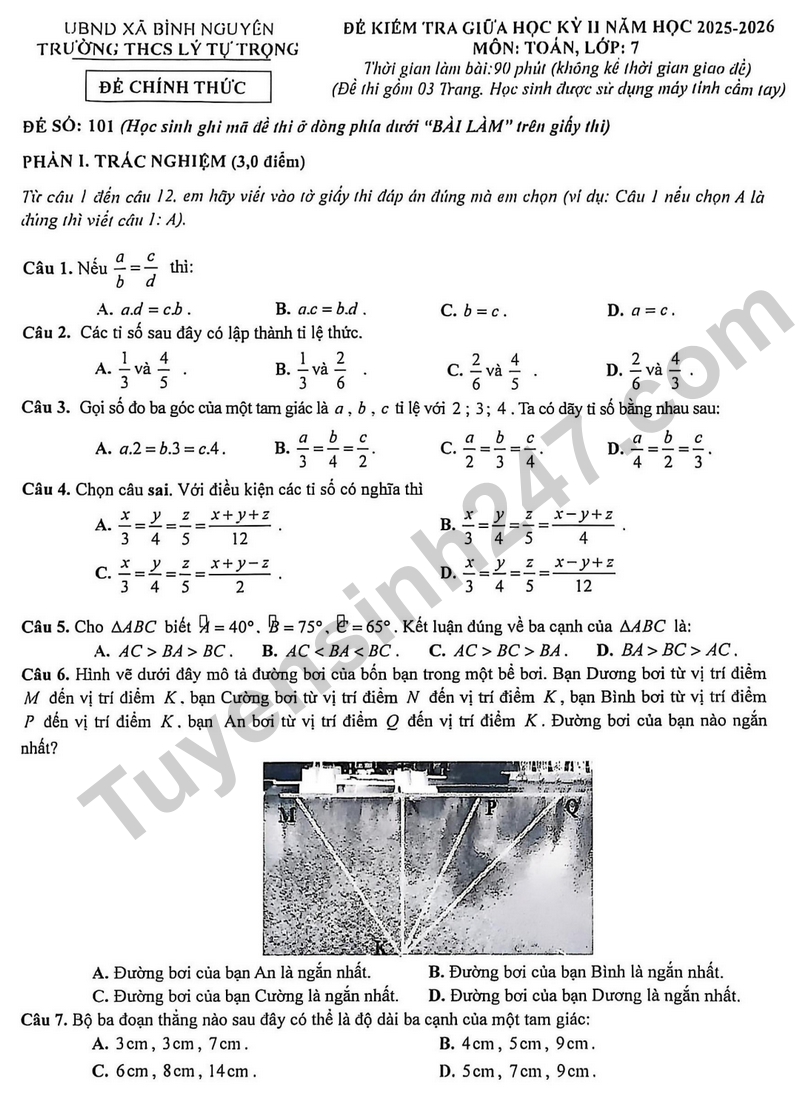 Đề thi giữa học kỳ 2 Toán 7 năm 2025 – 2026 trường THCS Lý Tự Trọng