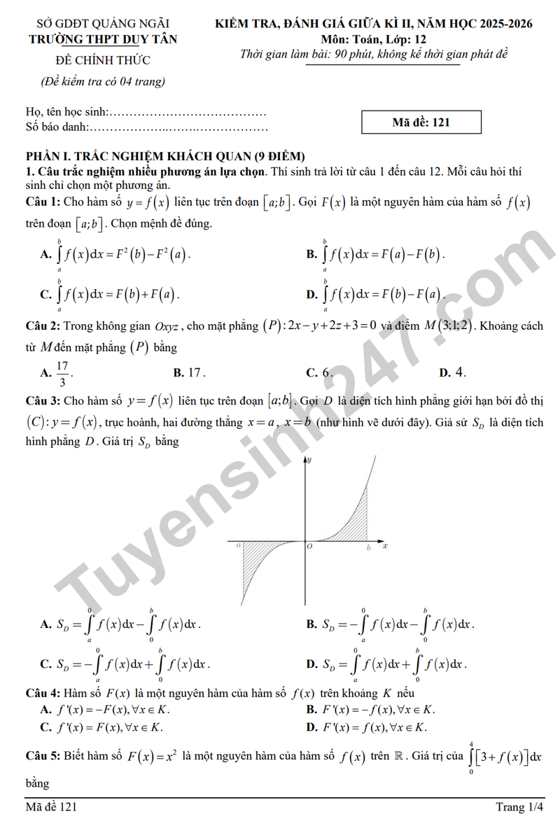 Đề kiểm tra giữa kì 2 Toán 12 năm 2025 – 2026 trường THPT Duy Tân 