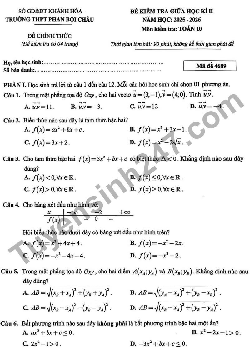 Đề thi giữa kì 2 Toán 10 năm học 2025 - 2026 trường THPT Phan Bội Châu 
