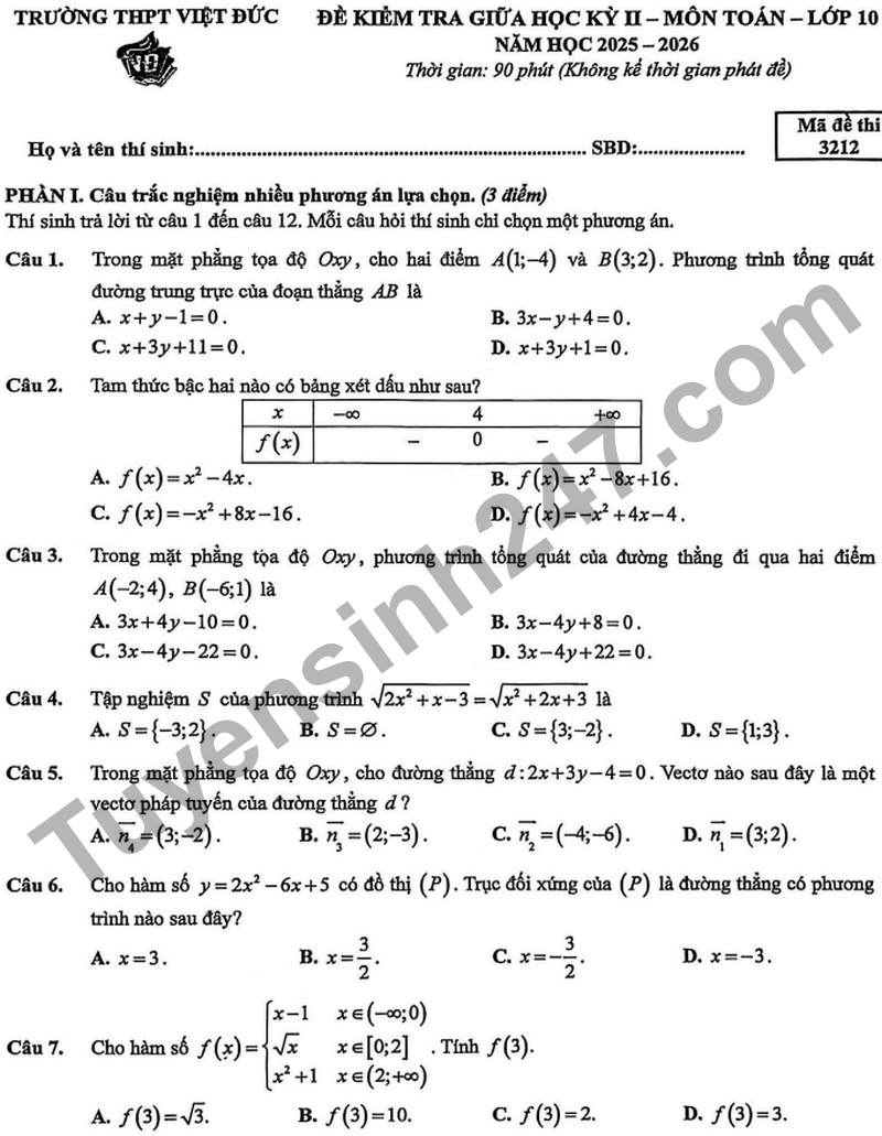 Đề thi giữa học kỳ 2 Toán 10 năm 2026 trường THPT Việt Đức