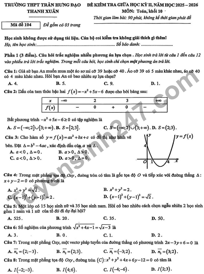Đề thi giữa học kỳ 2 Toán 10 trường THPT Trần Hưng Đạo năm 2026