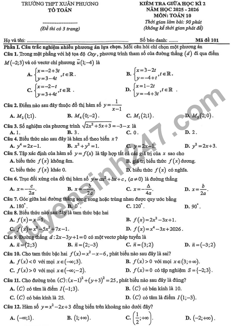 Đề thi giữa học kì 2 Toán 10 năm 2025 – 2026 trường THPT Xuân Phương