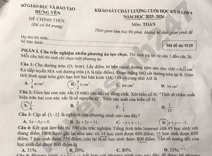 Đề thi học kì 2 lớp 9 môn Toán 2026 - Sở GD Hưng Yên