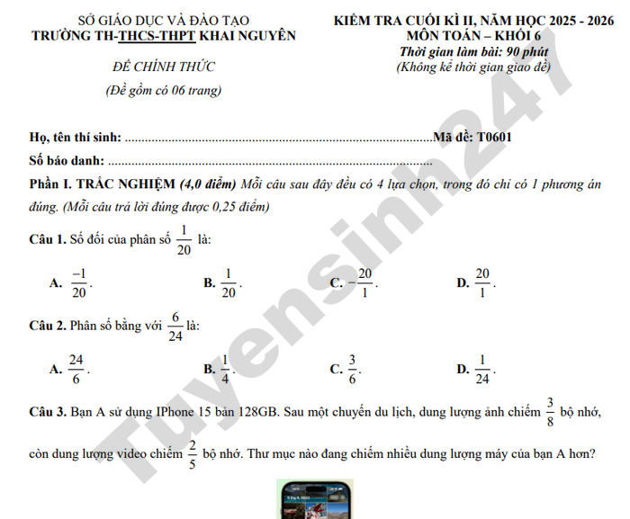 Đề thi học kì 2 lớp 6 môn Toán - TH-THCS-THPT Khai Nguyên 2026