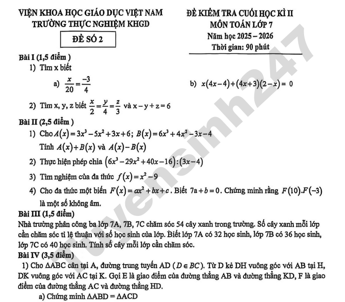Đề thi cuối kì 2 Toán lớp 7 Trường Thực nghiệm KHGD 2026