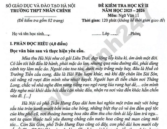 Đề thi học kì 2 lớp 11 môn Văn 2026 - THPT Nhân Chính