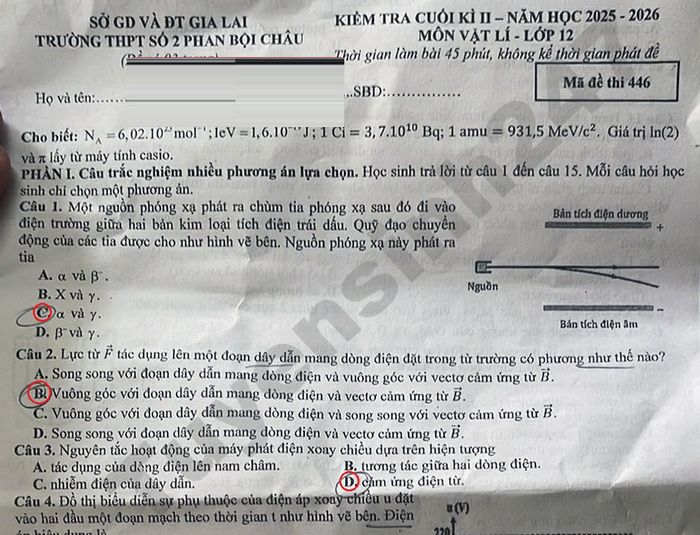 Đề thi học kì 2 lớp 12 môn Lý - THPT số 2 Phan Bội Châu 2026