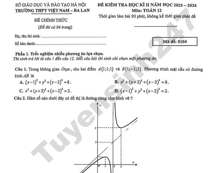 Đề thi học kì 2 lớp 12 môn Toán - THPT Việt Nam - Ba Lan 2026