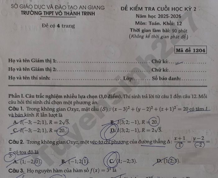 Đề thi cuối kì 2 lớp 12 môn Toán - THPT Võ Thành Trinh 2026