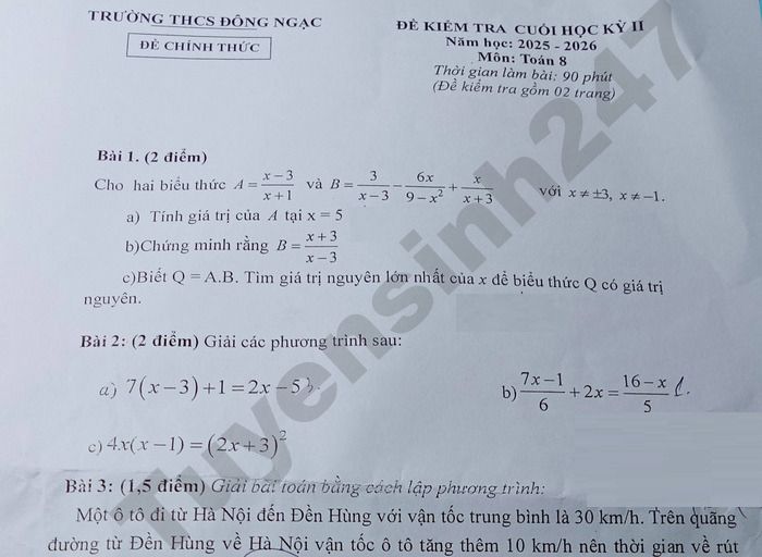 Đề thi học kì 2 lớp 8 môn Toán 2026 - THCS Đông Ngạc
