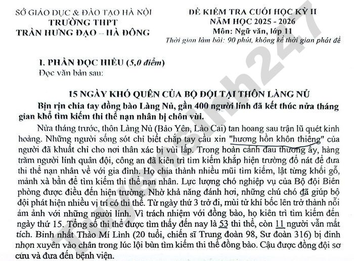 Đề thi học kì 2 Văn lớp 11 THPT Trần Hưng Đạo - Hà Đông 2026