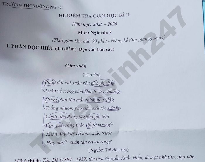 Đề thi học kì 2 năm 2026 THCS Đông Ngạc - môn Văn lớp 8