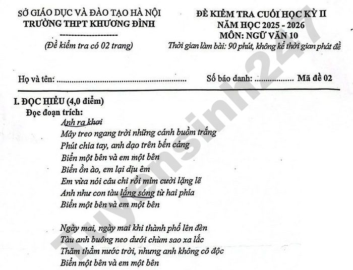 Đề thi học kì 2 lớp 10 môn Văn 2026 - THPT Khương Đình